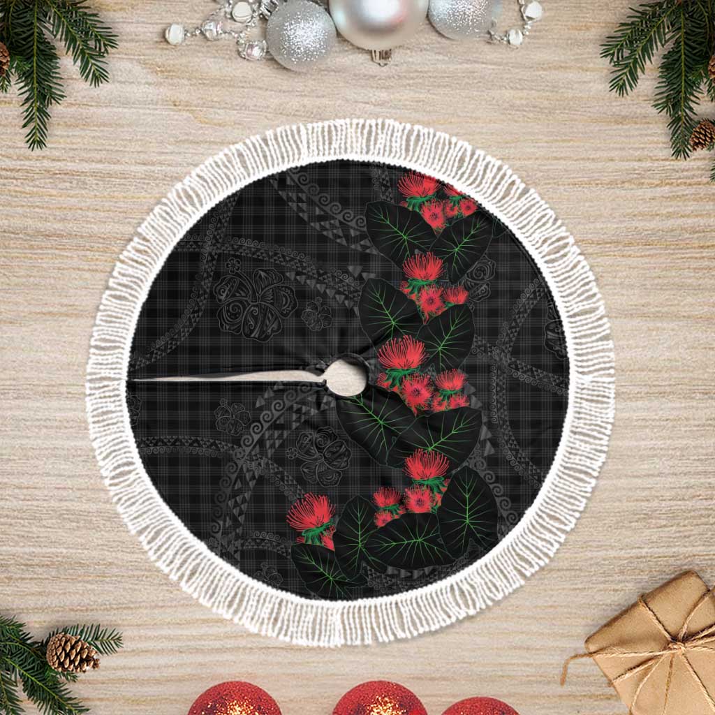 Hawaiian Kakau Art Tree Skirt Taro Leaves with Ohia Lehua and Pakala Pattern - Polynesian Pride