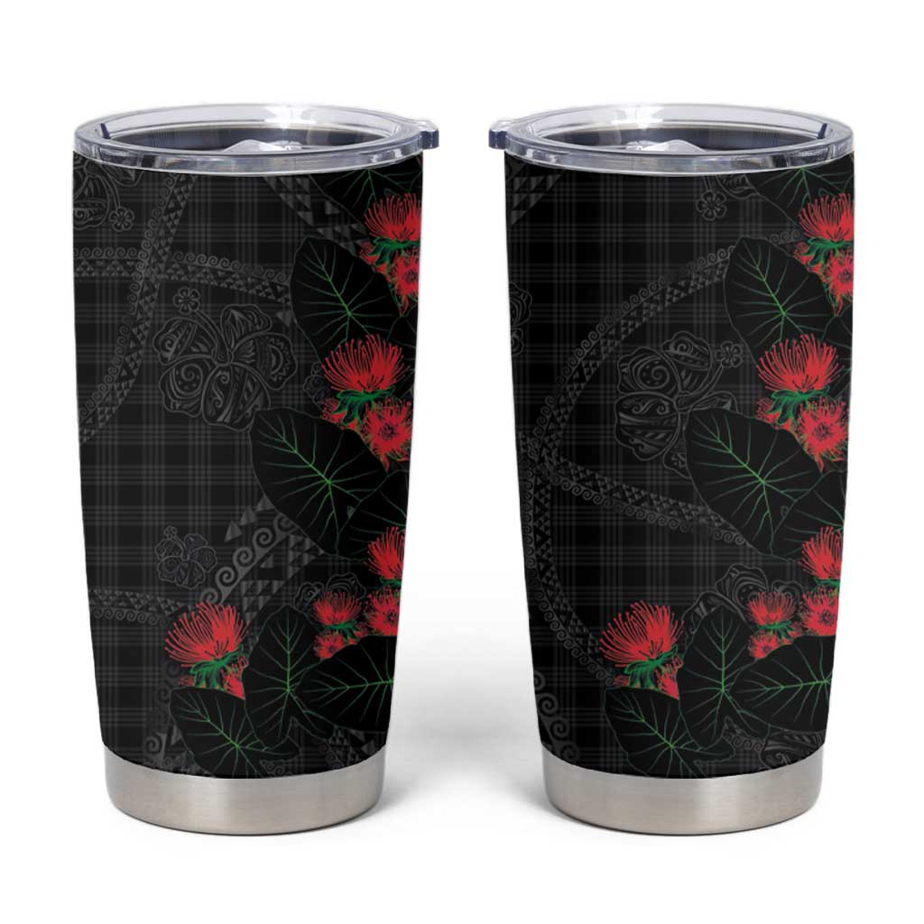 Hawaiian Kakau Art Tumbler Cup Taro Leaves with Ohia Lehua and Pakala Pattern LT03 Black - Polynesian Pride