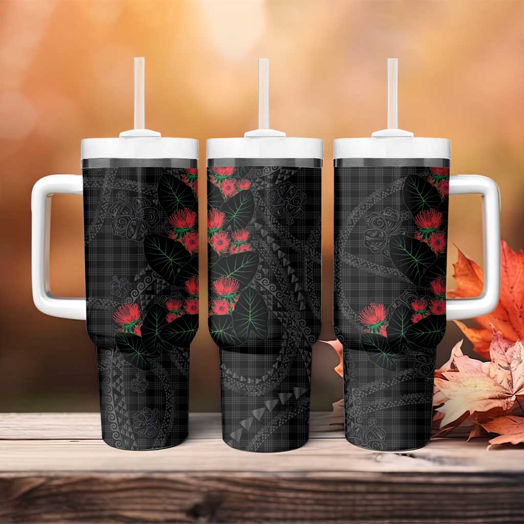 Hawaiian Kakau Art Tumbler With Handle Taro Leaves with Ohia Lehua and Pakala Pattern LT03 - Polynesian Pride