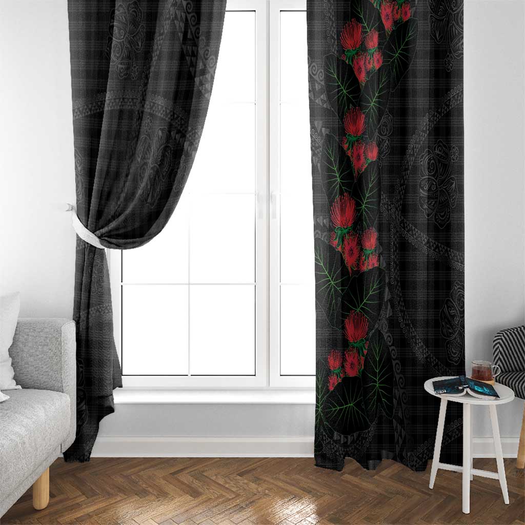 Hawaiian Kakau Art Window Curtain Taro Leaves with Ohia Lehua and Pakala Pattern - Polynesian Pride