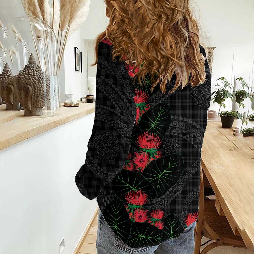 Hawaiian Kakau Art Women Casual Shirt Taro Leaves with Ohia Lehua and Pakala Pattern LT03 - Polynesian Pride