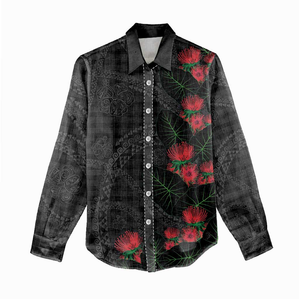 Hawaiian Kakau Art Women Casual Shirt Taro Leaves with Ohia Lehua and Pakala Pattern LT03 - Polynesian Pride