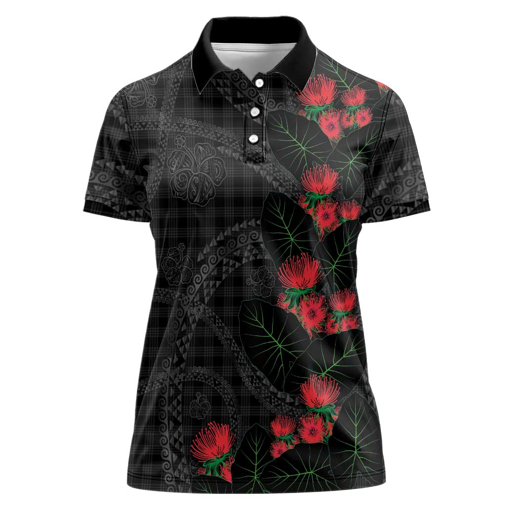 Hawaiian Kakau Art Women Polo Shirt Taro Leaves with Ohia Lehua and Pakala Pattern LT03 Female Black - Polynesian Pride
