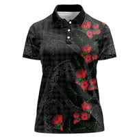 Hawaiian Kakau Art Women Polo Shirt Taro Leaves with Ohia Lehua and Pakala Pattern LT03 Female Black - Polynesian Pride