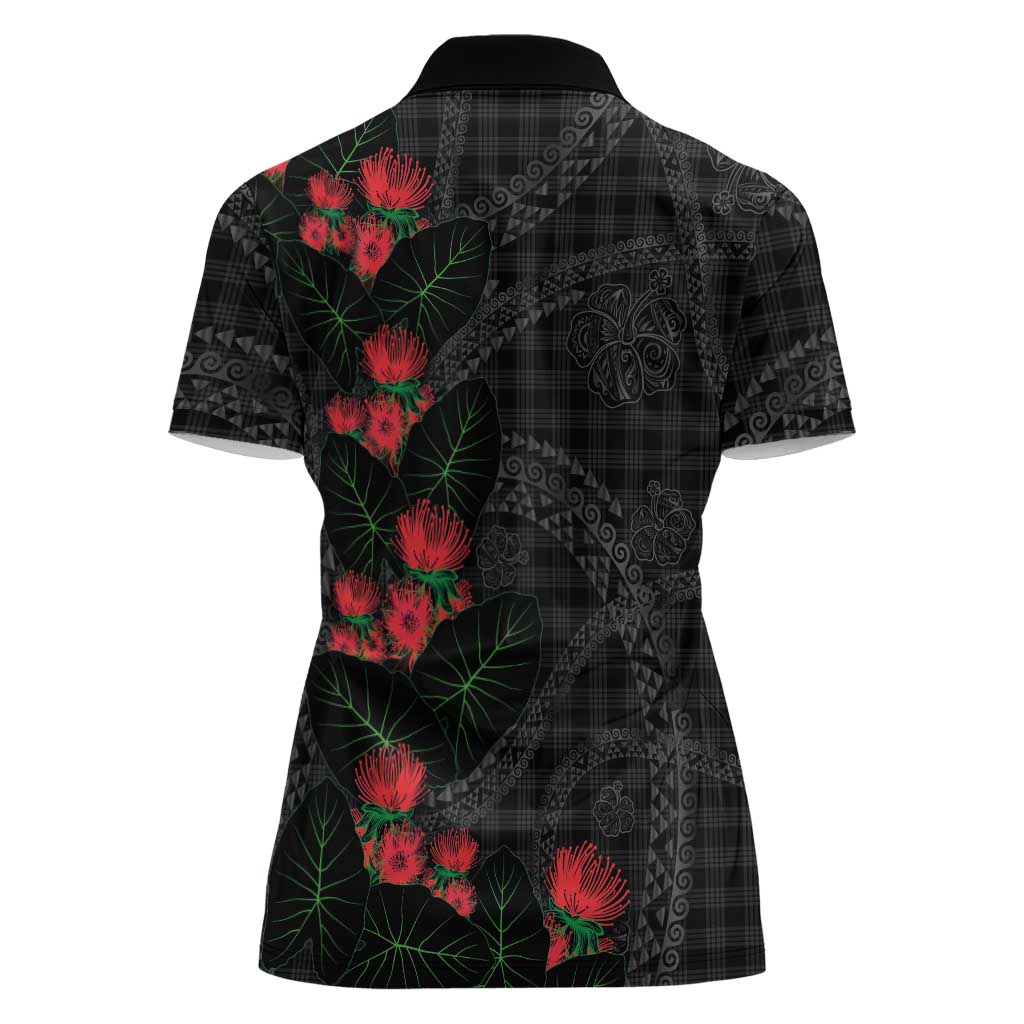 Hawaiian Kakau Art Women Polo Shirt Taro Leaves with Ohia Lehua and Pakala Pattern LT03 - Polynesian Pride