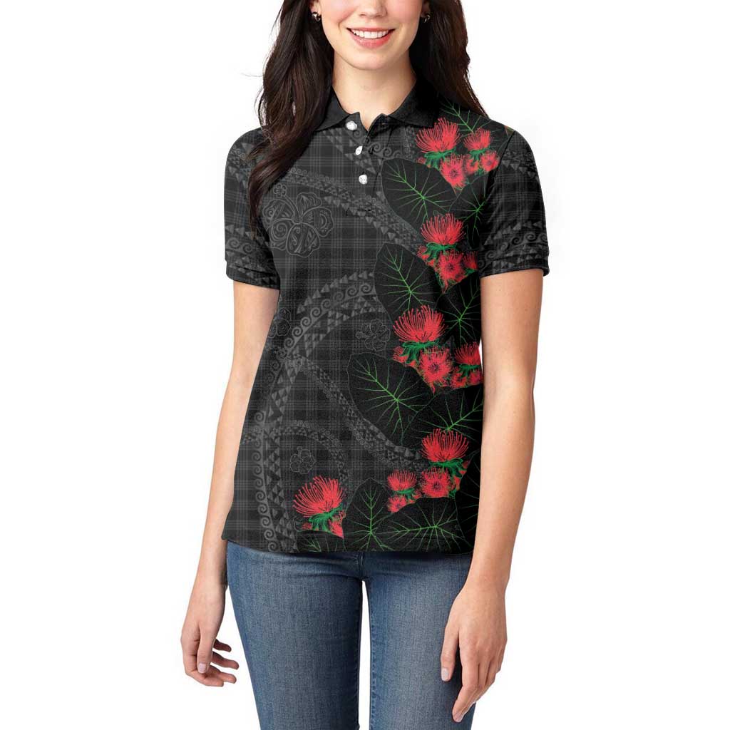 Hawaiian Kakau Art Women Polo Shirt Taro Leaves with Ohia Lehua and Pakala Pattern LT03 - Polynesian Pride