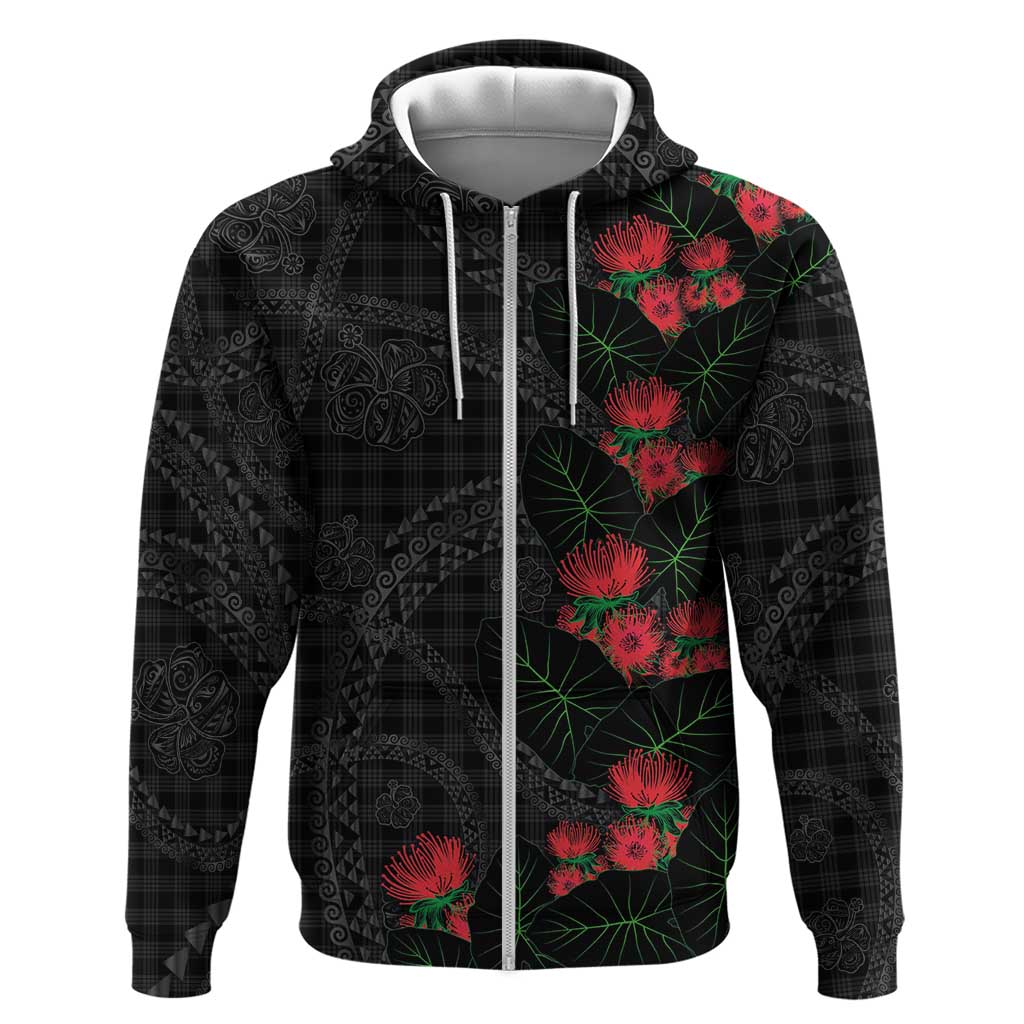 Hawaiian Kakau Art Zip Hoodie Taro Leaves with Ohia Lehua and Pakala Pattern LT03 Zip Hoodie Black - Polynesian Pride