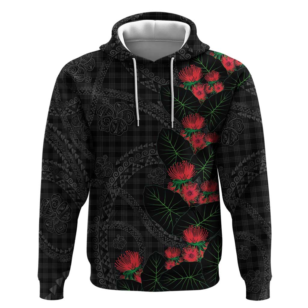 Hawaiian Kakau Art Zip Hoodie Taro Leaves with Ohia Lehua and Pakala Pattern LT03 Pullover Hoodie Black - Polynesian Pride