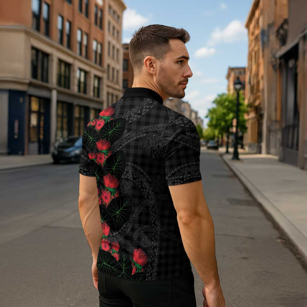 Hawaiian Kakau Art Zipper Polo Shirt Taro Leaves with Ohia Lehua and Pakala Pattern - Polynesian Pride
