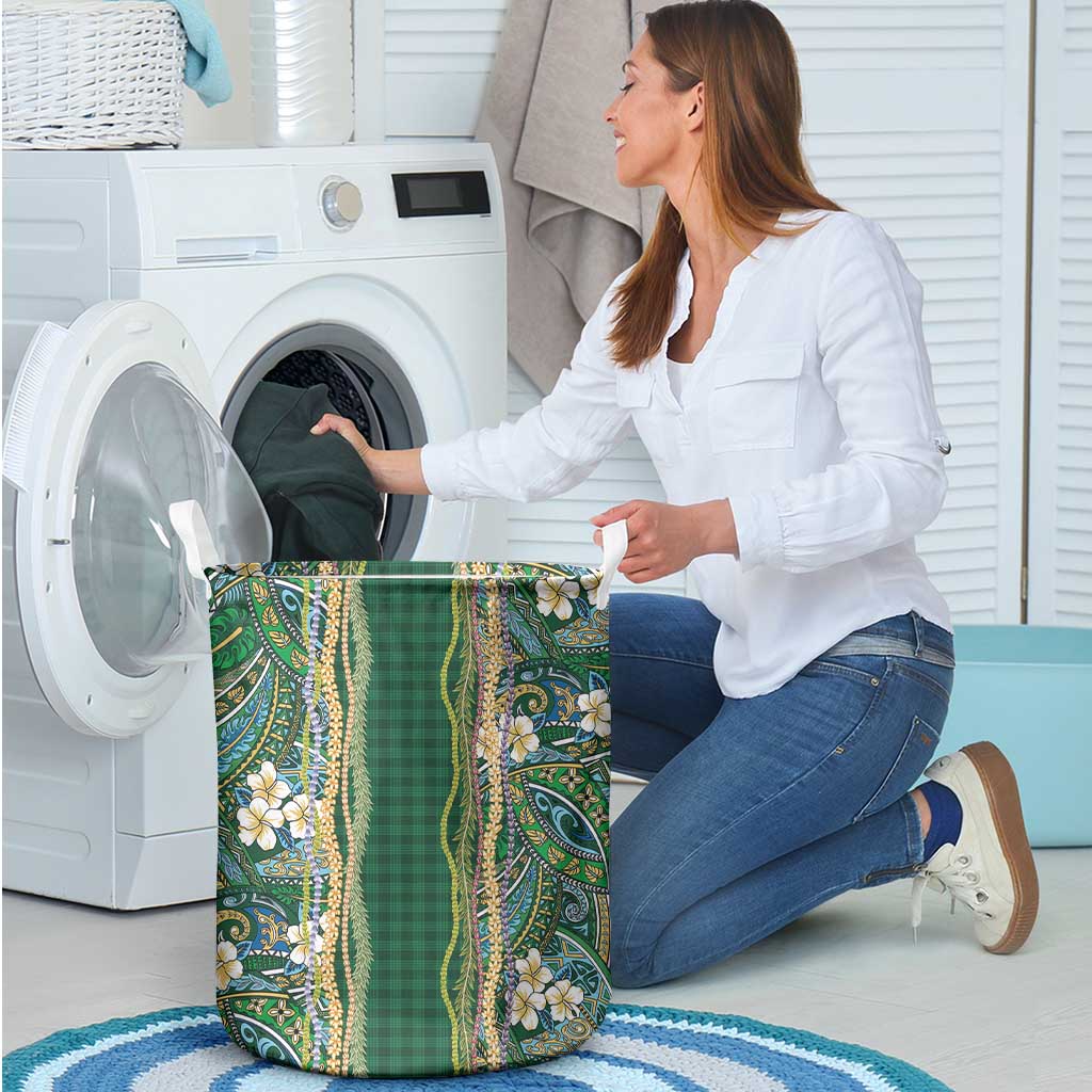 Hawaiian Art Flower Tribal with Lei Laundry Basket Palaka Pattern Green Color - Polynesian Pride
