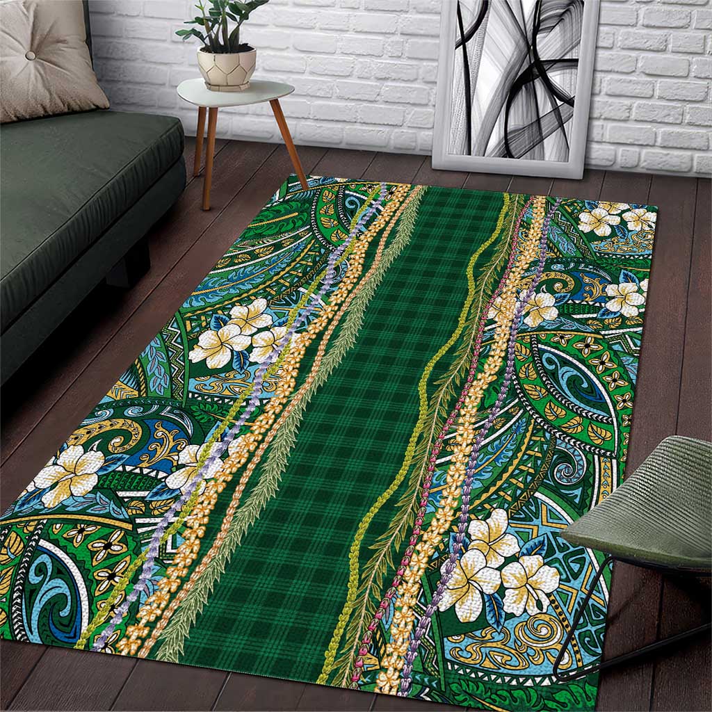 Hawaiian Art Flower Tribal with Lei Area Rug Palaka Pattern Green Color LT03 Green - Polynesian Pride