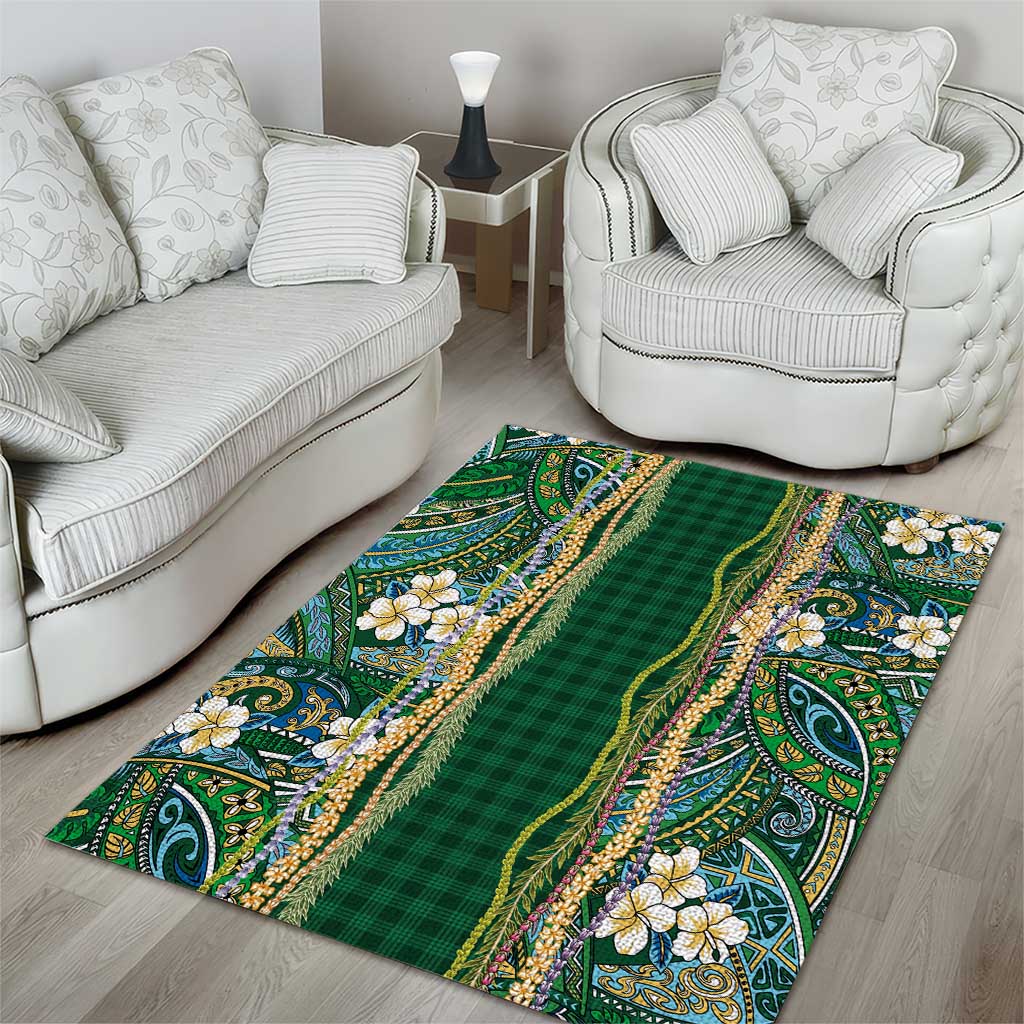 Hawaiian Art Flower Tribal with Lei Area Rug Palaka Pattern Green Color LT03 - Polynesian Pride