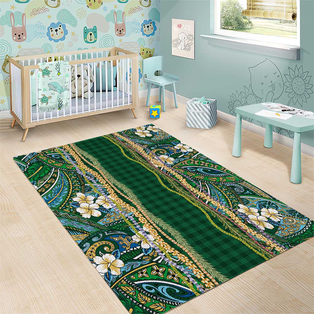 Hawaiian Art Flower Tribal with Lei Area Rug Palaka Pattern Green Color LT03 - Polynesian Pride