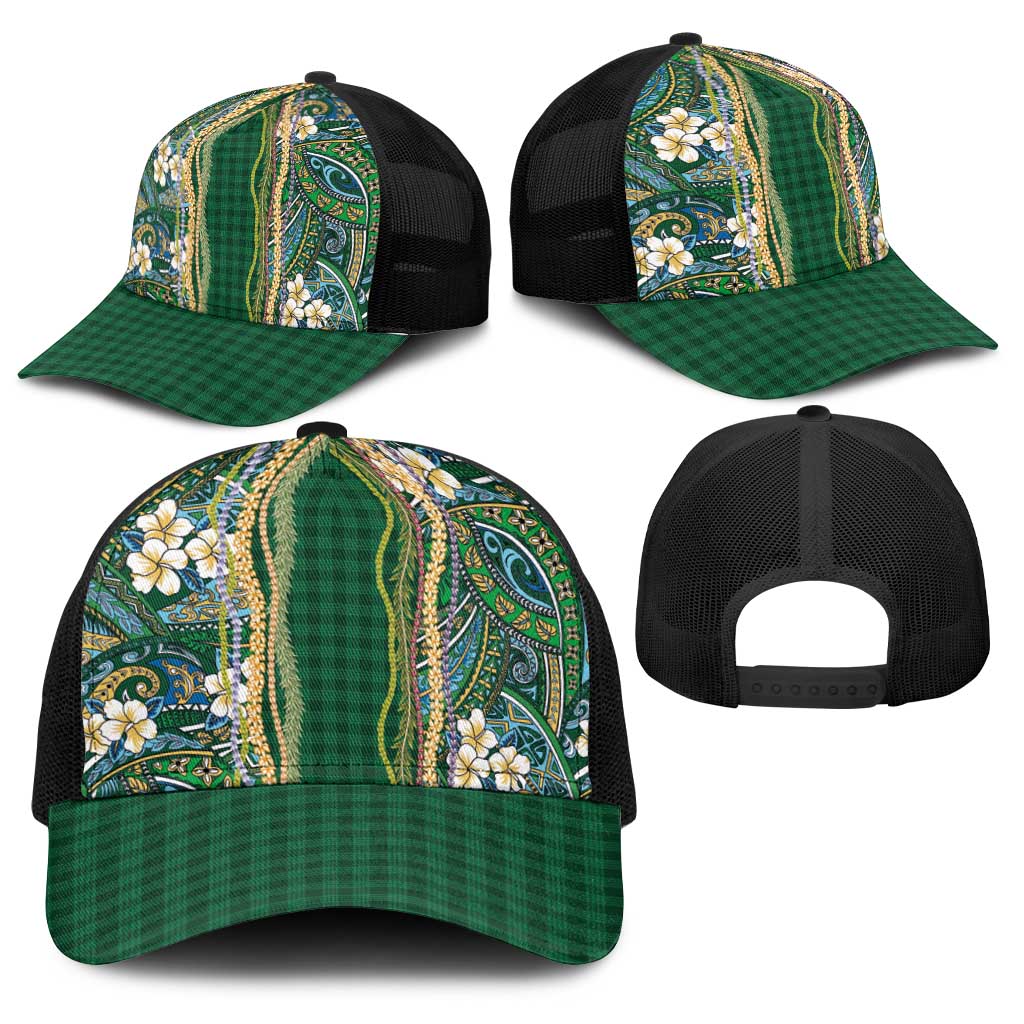 Hawaiian Art Flower Tribal with Lei Baseball Net Cap Palaka Pattern Green Color - Polynesian Pride