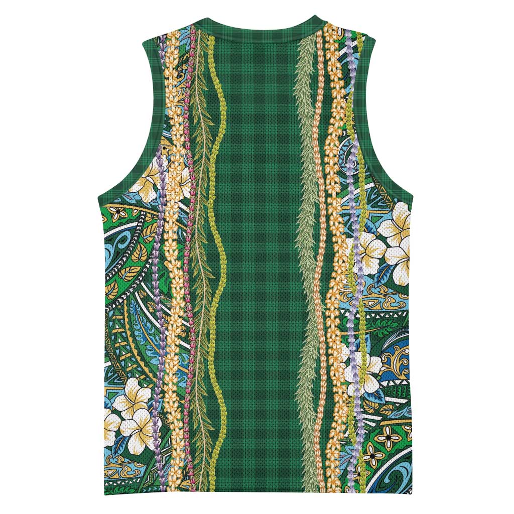 Hawaiian Art Flower Tribal with Lei Basketball Jersey Palaka Pattern Green Color LT03 - Polynesian Pride