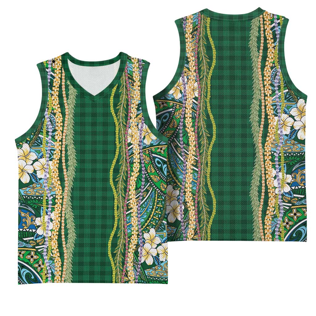 Hawaiian Art Flower Tribal with Lei Basketball Jersey Palaka Pattern Green Color LT03 - Polynesian Pride