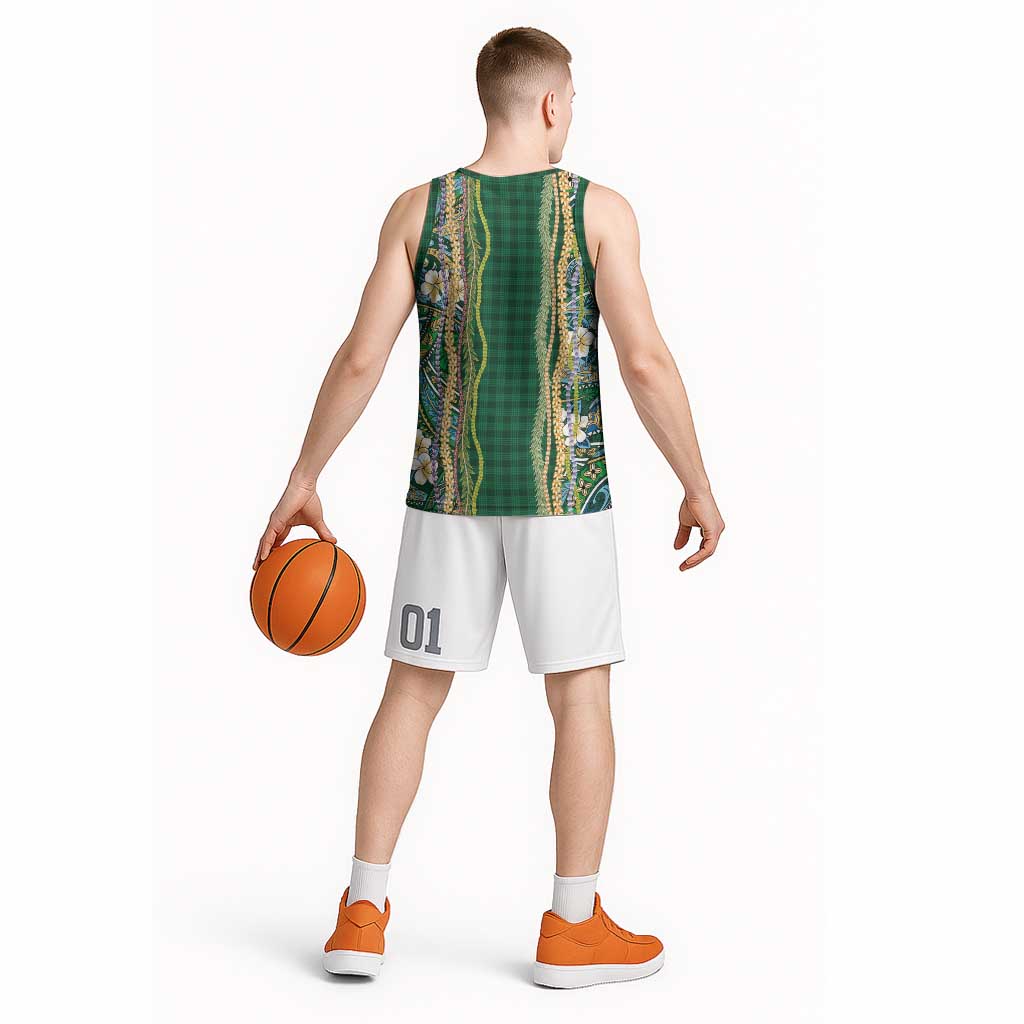 Hawaiian Art Flower Tribal with Lei Basketball Jersey Palaka Pattern Green Color LT03 - Polynesian Pride