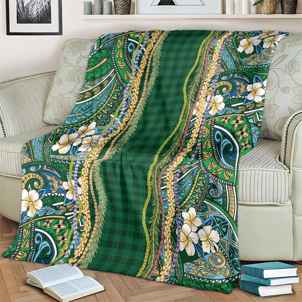 Hawaiian Art Flower Tribal with Lei Blanket Palaka Pattern Green Color LT03 - Polynesian Pride