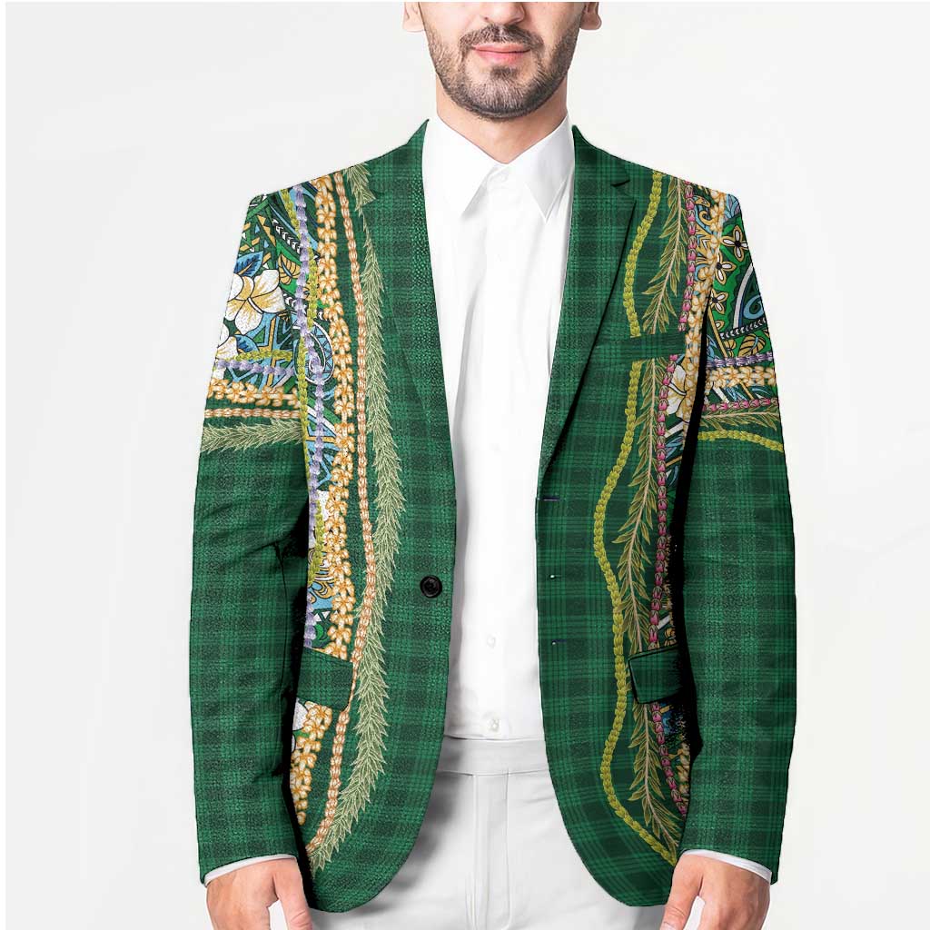 Hawaiian Art Flower Tribal with Lei Blazer Palaka Pattern Green Color LT03 - Polynesian Pride
