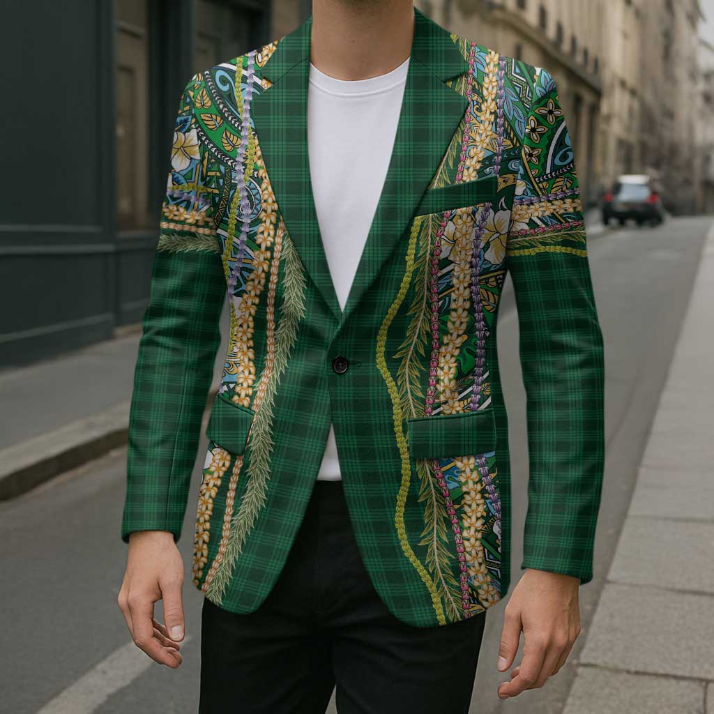 Hawaiian Art Flower Tribal with Lei Blazer Palaka Pattern Green Color LT03 - Polynesian Pride