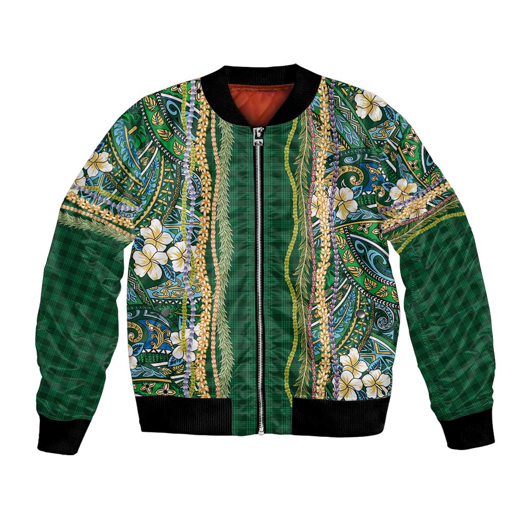 Hawaiian Art Flower Tribal with Lei Bomber Jacket Palaka Pattern Green Color LT03 Unisex Green - Polynesian Pride