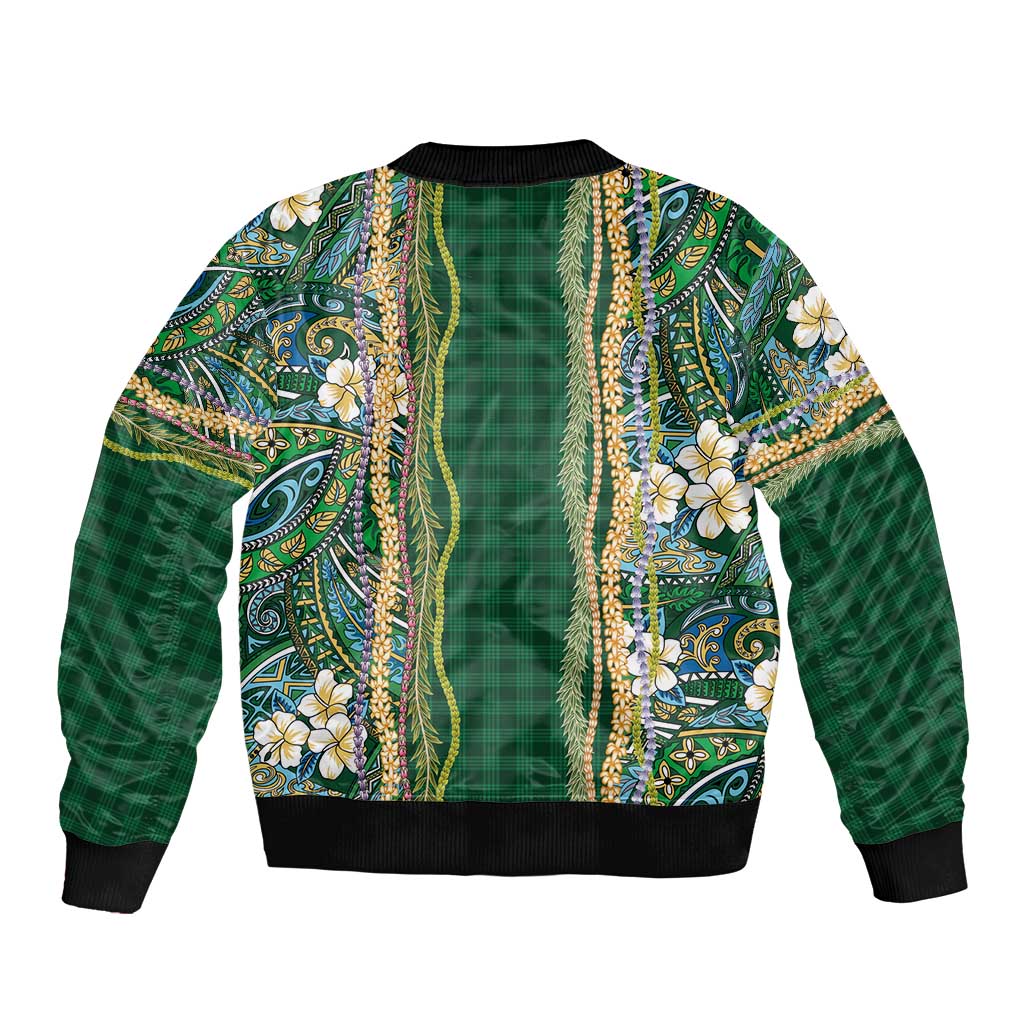 Hawaiian Art Flower Tribal with Lei Bomber Jacket Palaka Pattern Green Color LT03 - Polynesian Pride
