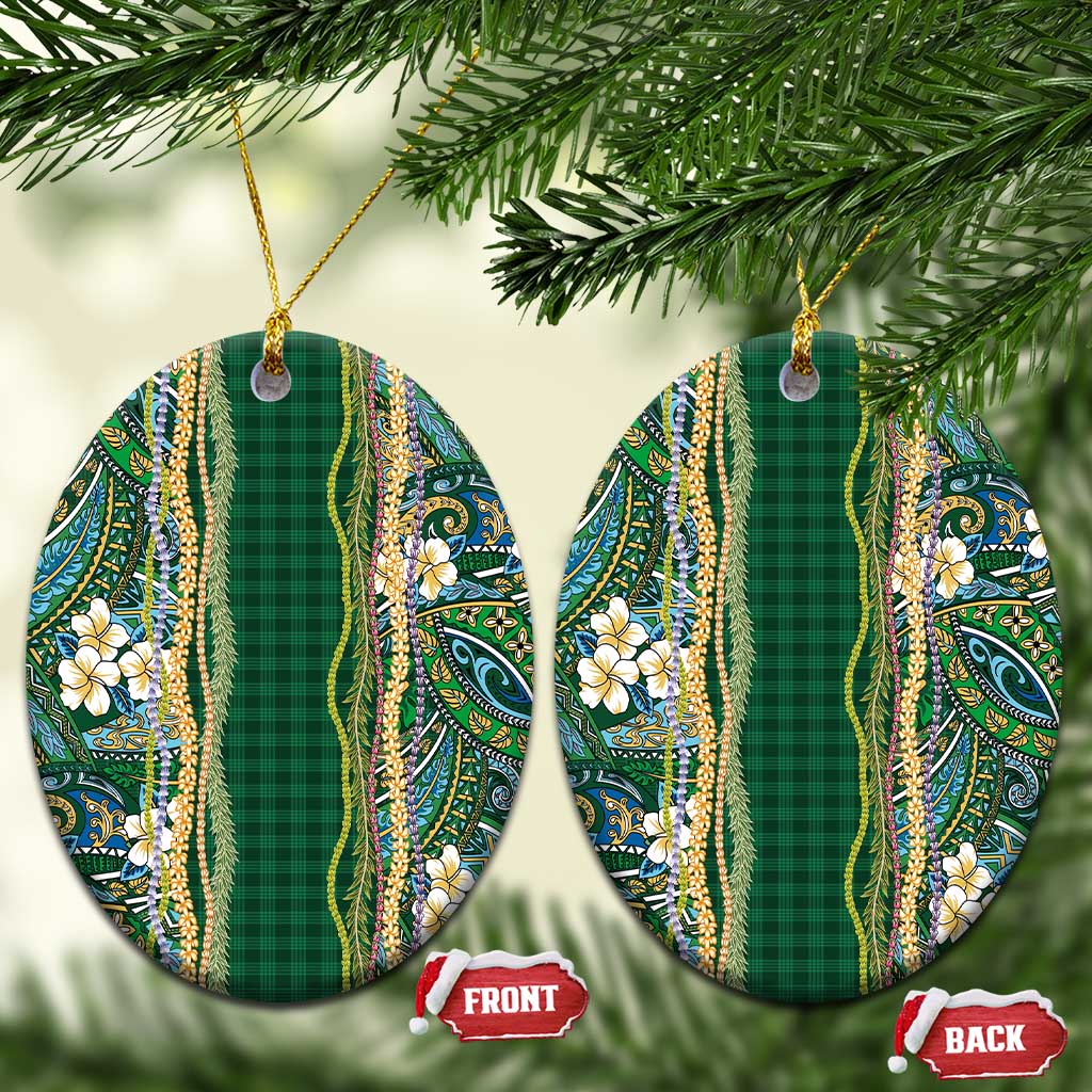 Hawaiian Art Flower Tribal with Lei Ceramic Ornament Palaka Pattern Green Color LT03 Oval Green - Polynesian Pride