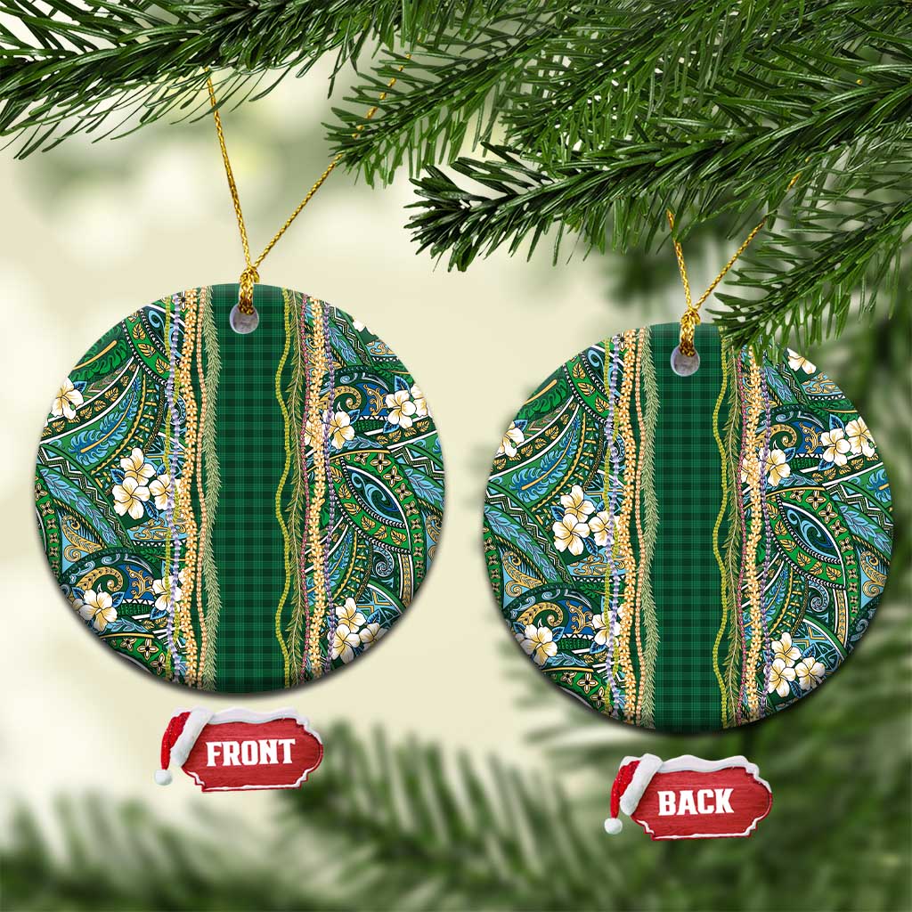 Hawaiian Art Flower Tribal with Lei Ceramic Ornament Palaka Pattern Green Color LT03 Circle Green - Polynesian Pride
