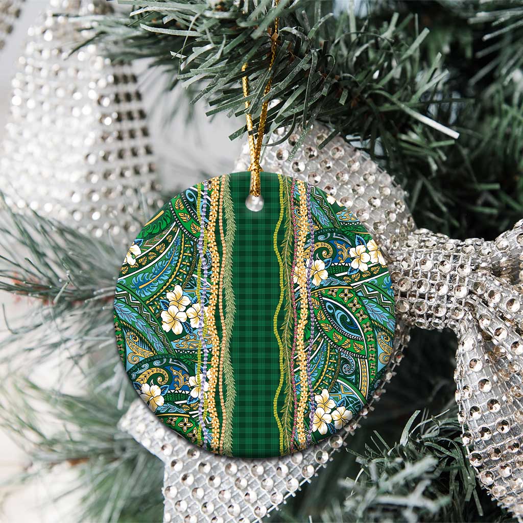Hawaiian Art Flower Tribal with Lei Ceramic Ornament Palaka Pattern Green Color LT03 - Polynesian Pride
