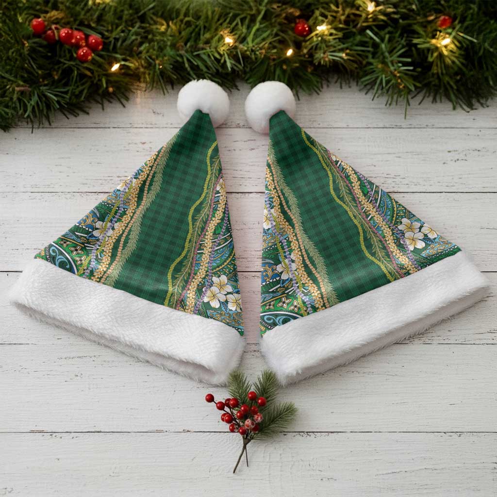 Hawaiian Art Flower Tribal with Lei Christmas Santa Hat Palaka Pattern Green Color - Polynesian Pride