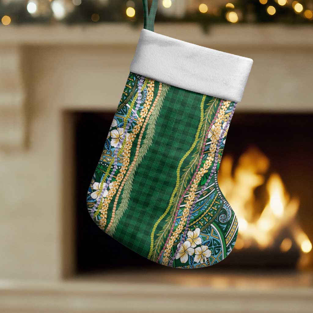 Hawaiian Art Flower Tribal with Lei Christmas Stocking Palaka Pattern Green Color LT03 Set of 2 Green - Polynesian Pride