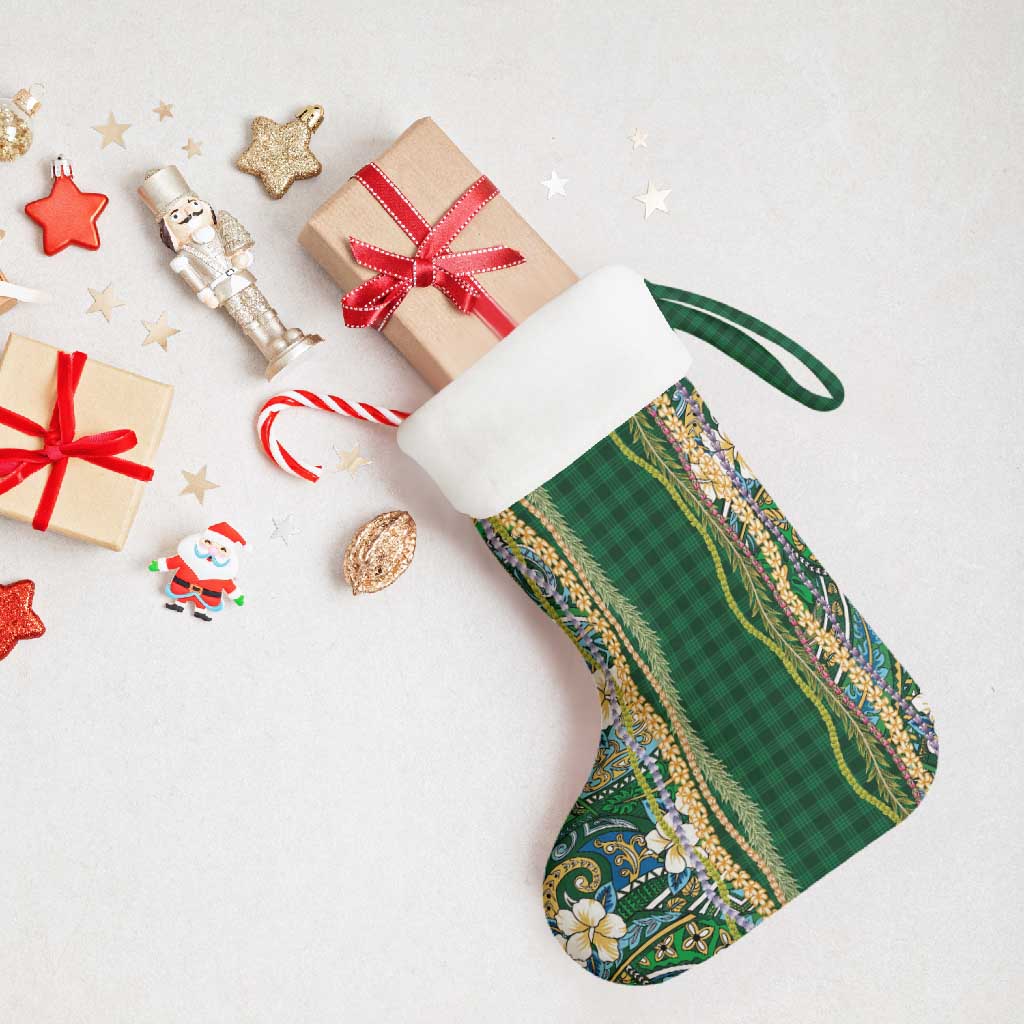 Hawaiian Art Flower Tribal with Lei Christmas Stocking Palaka Pattern Green Color LT03 - Polynesian Pride
