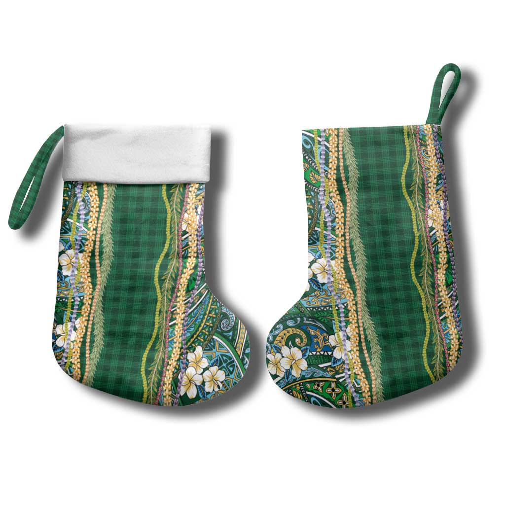 Hawaiian Art Flower Tribal with Lei Christmas Stocking Palaka Pattern Green Color LT03 - Polynesian Pride