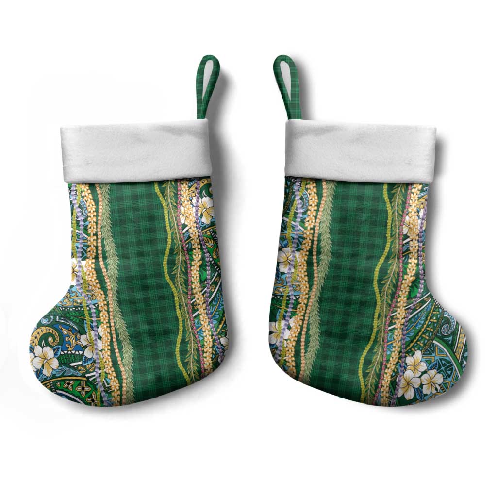 Hawaiian Art Flower Tribal with Lei Christmas Stocking Palaka Pattern Green Color LT03 - Polynesian Pride