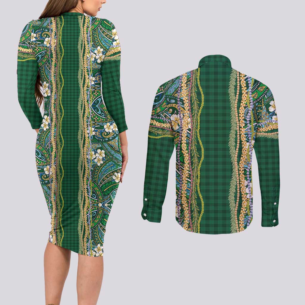Hawaiian Art Flower Tribal with Lei Couples Matching Long Sleeve Bodycon Dress and Long Sleeve Button Shirt Palaka Pattern Green Color LT03 - Polynesian Pride