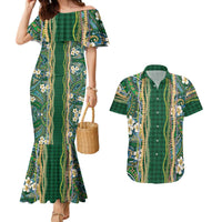 Hawaiian Art Flower Tribal with Lei Couples Matching Mermaid Dress and Hawaiian Shirt Palaka Pattern Green Color - Polynesian Pride