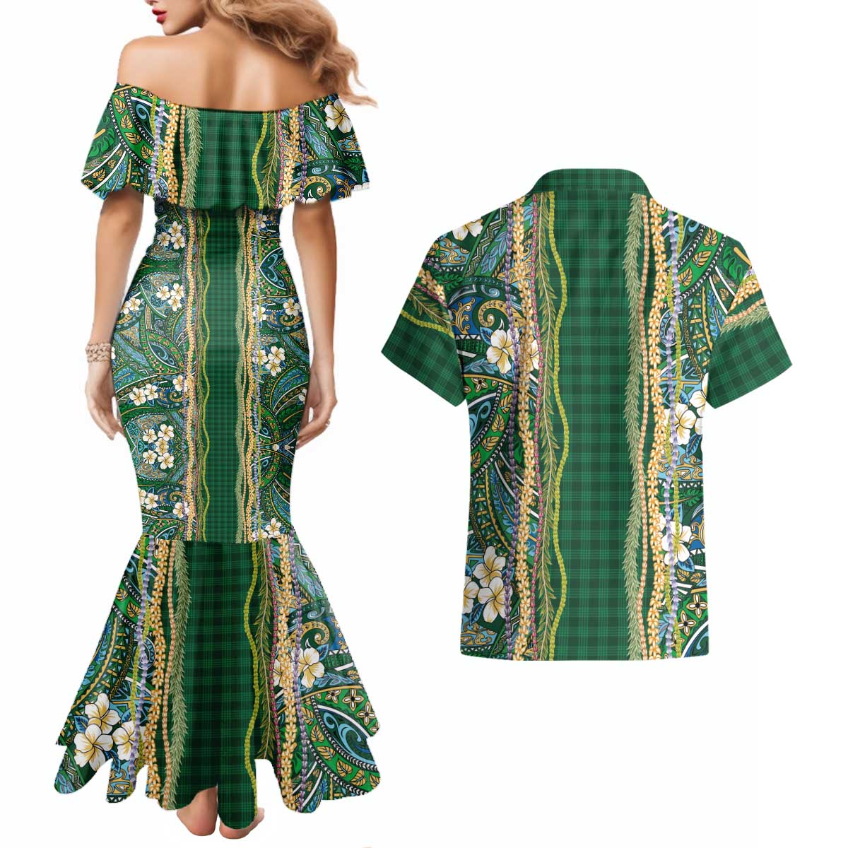 Hawaiian Art Flower Tribal with Lei Couples Matching Mermaid Dress and Hawaiian Shirt Palaka Pattern Green Color - Polynesian Pride