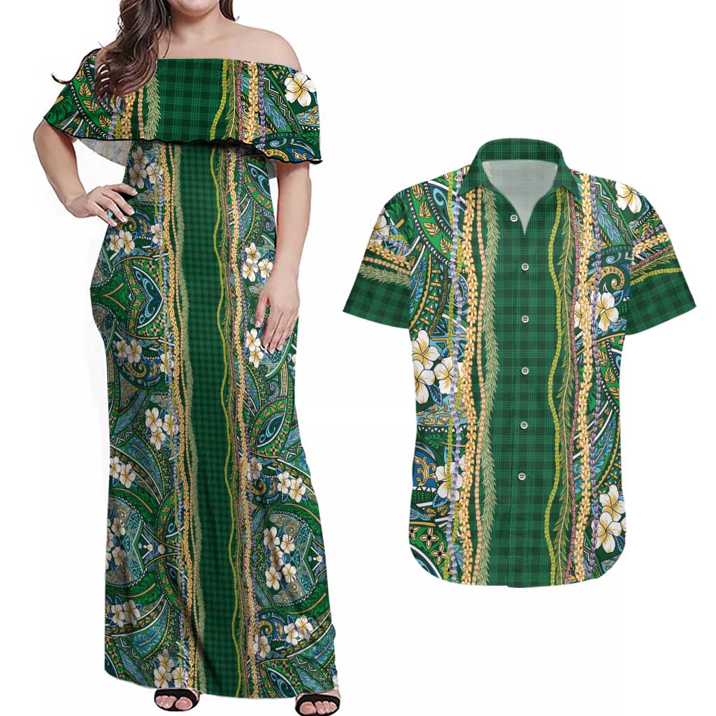 Hawaiian Art Flower Tribal with Lei Couples Matching Off Shoulder Maxi Dress and Hawaiian Shirt Palaka Pattern Green Color - Polynesian Pride