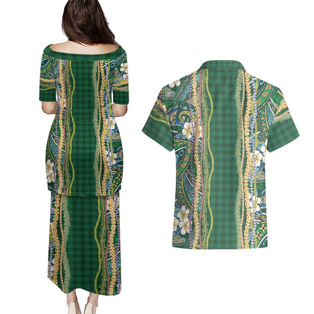 Hawaiian Art Flower Tribal with Lei Couples Matching Puletasi and Hawaiian Shirt Palaka Pattern Green Color LT03 - Polynesian Pride
