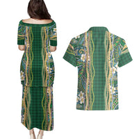 Hawaiian Art Flower Tribal with Lei Couples Matching Puletasi and Hawaiian Shirt Palaka Pattern Green Color LT03 - Polynesian Pride
