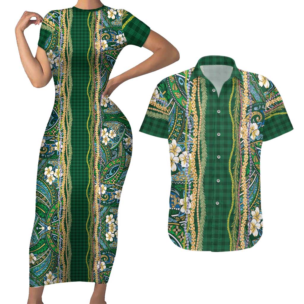 Hawaiian Art Flower Tribal with Lei Couples Matching Short Sleeve Bodycon Dress and Hawaiian Shirt Palaka Pattern Green Color LT03 Green - Polynesian Pride