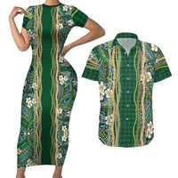 Hawaiian Art Flower Tribal with Lei Couples Matching Short Sleeve Bodycon Dress and Hawaiian Shirt Palaka Pattern Green Color LT03 Green - Polynesian Pride