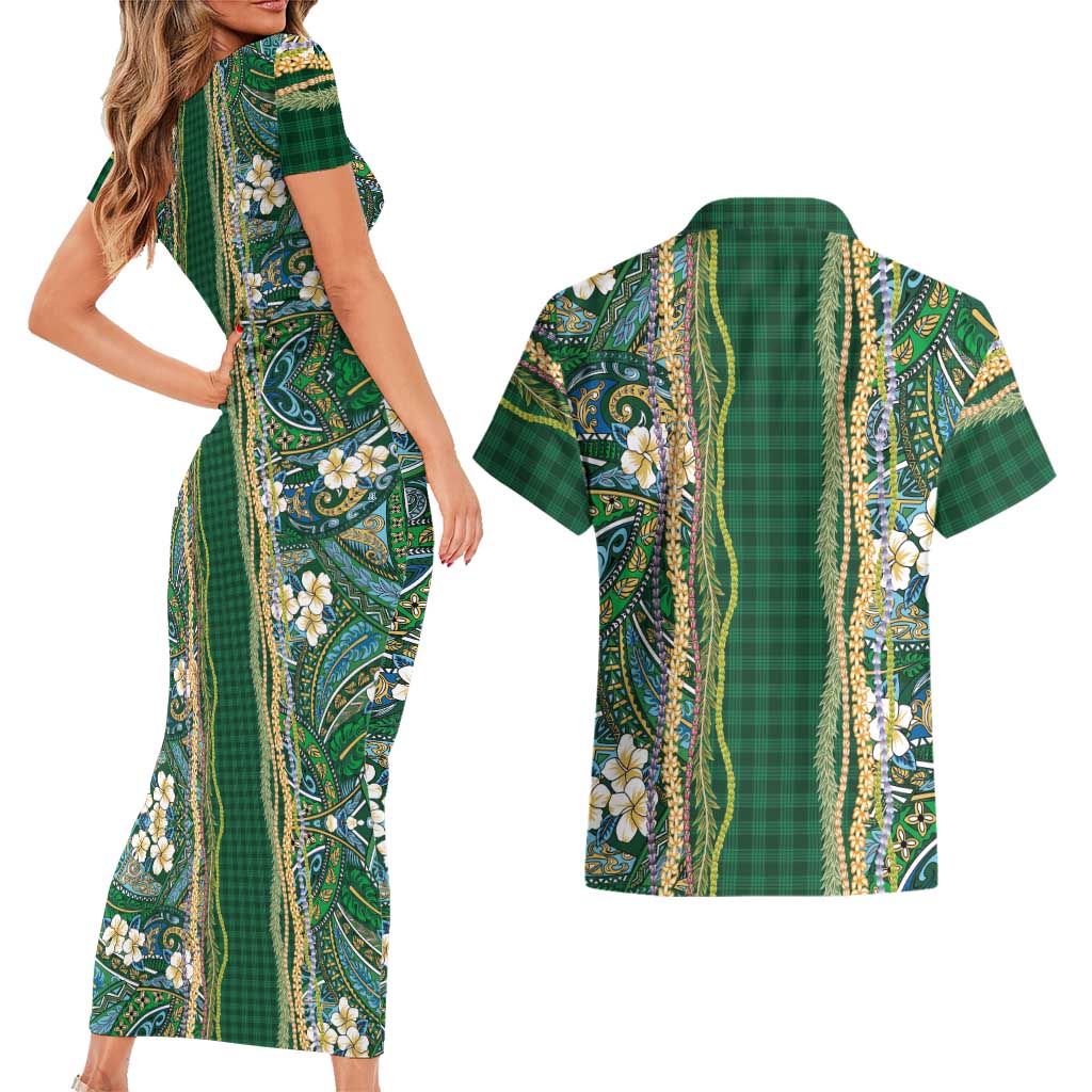 Hawaiian Art Flower Tribal with Lei Couples Matching Short Sleeve Bodycon Dress and Hawaiian Shirt Palaka Pattern Green Color LT03 - Polynesian Pride