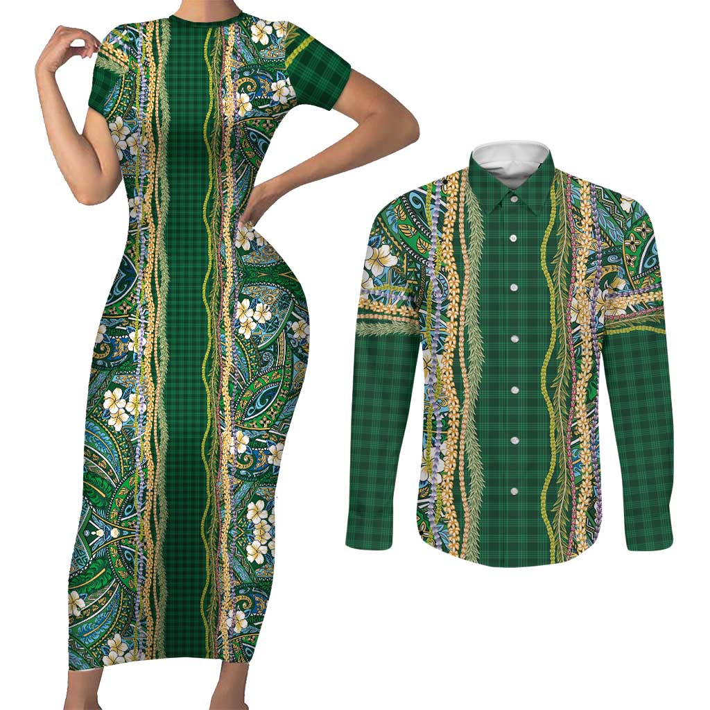 Hawaiian Art Flower Tribal with Lei Couples Matching Short Sleeve Bodycon Dress and Long Sleeve Button Shirt Palaka Pattern Green Color - Polynesian Pride