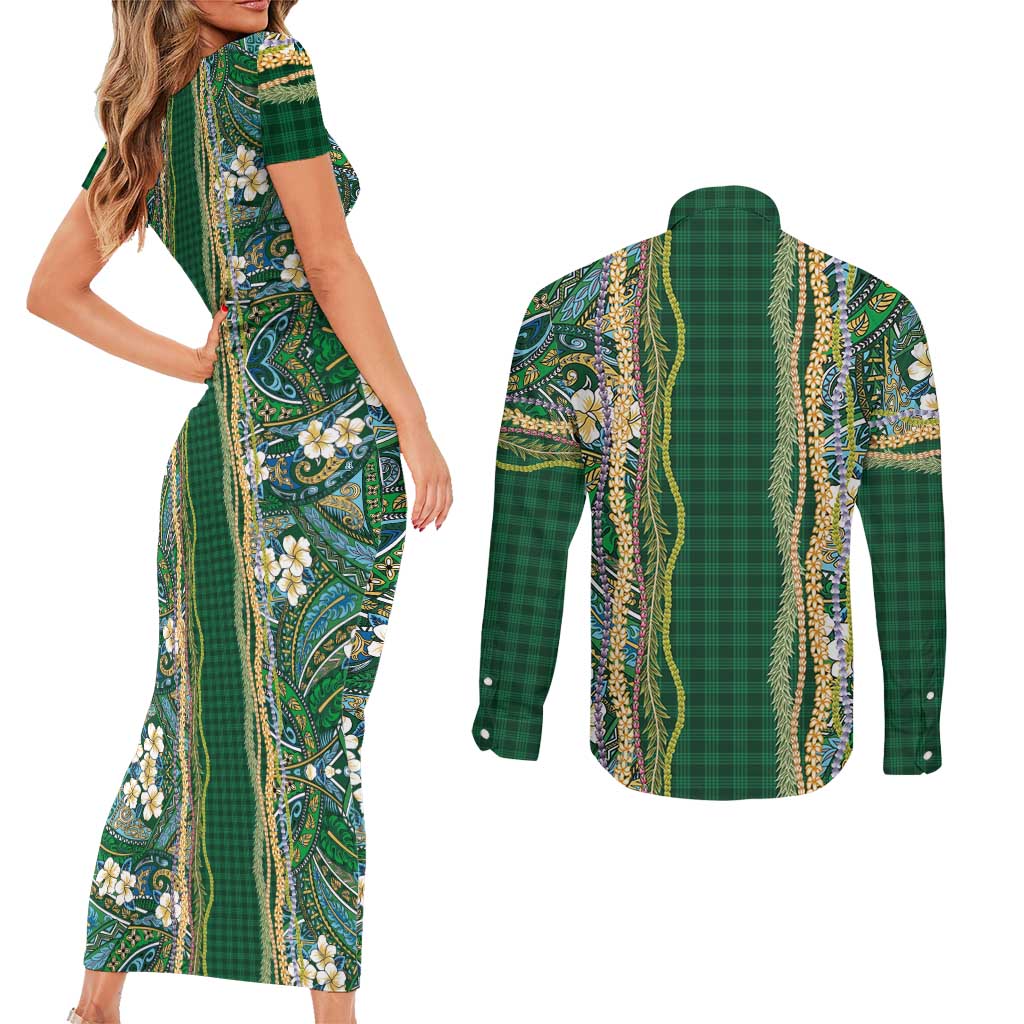 Hawaiian Art Flower Tribal with Lei Couples Matching Short Sleeve Bodycon Dress and Long Sleeve Button Shirt Palaka Pattern Green Color - Polynesian Pride