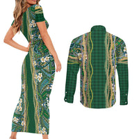 Hawaiian Art Flower Tribal with Lei Couples Matching Short Sleeve Bodycon Dress and Long Sleeve Button Shirt Palaka Pattern Green Color - Polynesian Pride