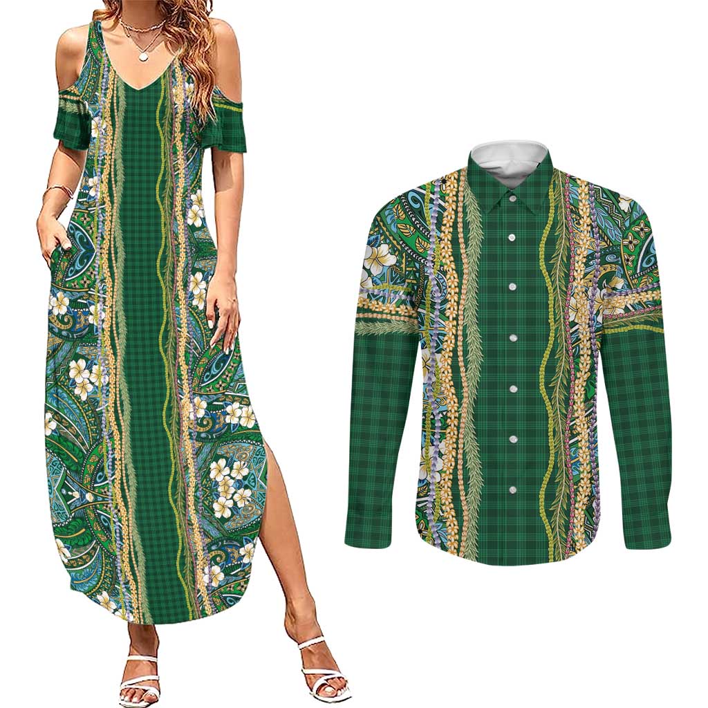 Hawaiian Art Flower Tribal with Lei Couples Matching Summer Maxi Dress and Long Sleeve Button Shirt Palaka Pattern Green Color - Polynesian Pride