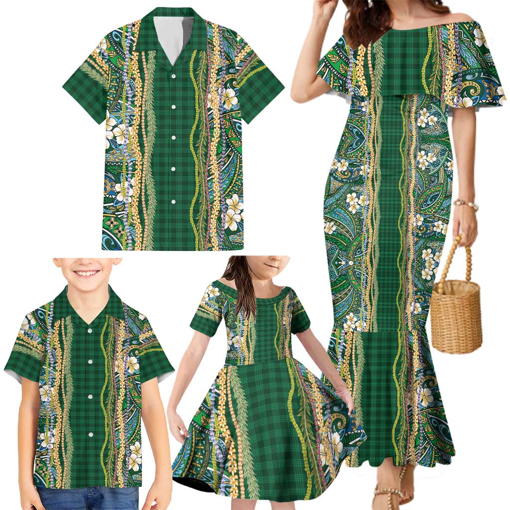 Hawaiian Art Flower Tribal with Lei Family Matching Mermaid Dress and Hawaiian Shirt Palaka Pattern Green Color - Polynesian Pride