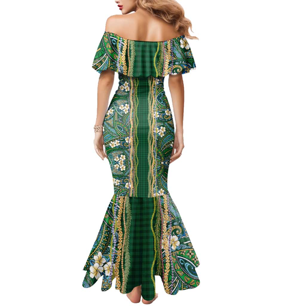 Hawaiian Art Flower Tribal with Lei Family Matching Mermaid Dress and Hawaiian Shirt Palaka Pattern Green Color - Polynesian Pride