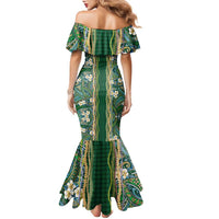 Hawaiian Art Flower Tribal with Lei Family Matching Mermaid Dress and Hawaiian Shirt Palaka Pattern Green Color - Polynesian Pride